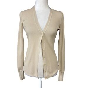 TSE Women's XS Beige Cashmere Silk Ribbed Cardigan Sweater‎ V-Neck Button Front
